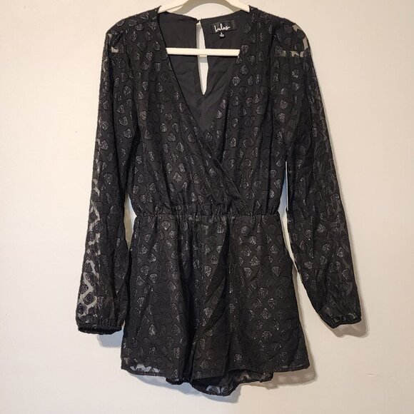 New Lulus sz S women Black Glitter Sheer Long-Sleeve Wrap Romper - Picture 1 of 10